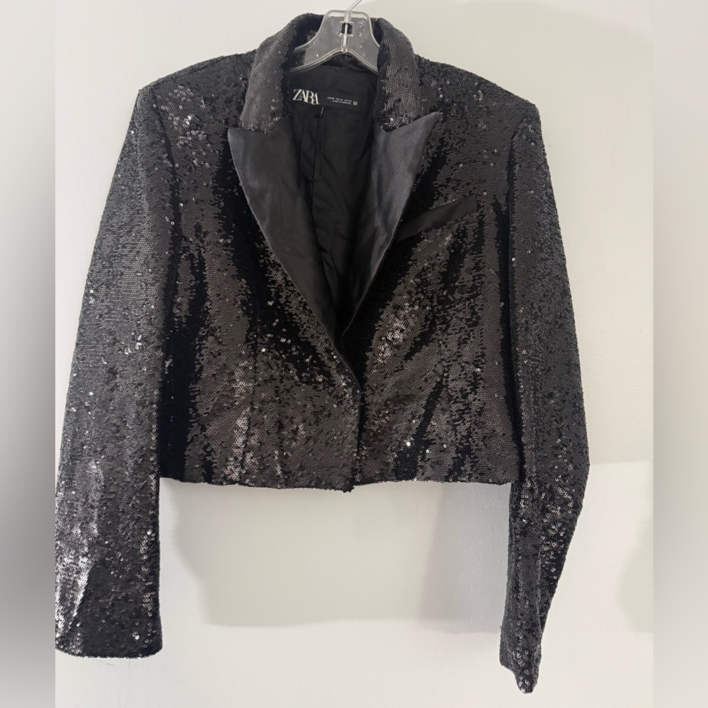 Zara Black Sequined Cropped Blazer with Satin Lapel
